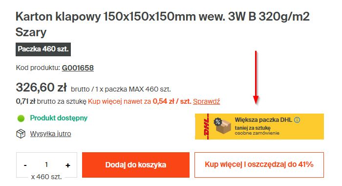 Oznaczenie produktu DHL w koszyku
