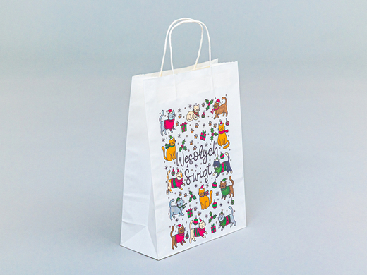Świąteczna torebka papierowa z nadrukiem Wesołych świąt w kotki z uchwytem skręcanym 240x100x320mm Biała Komplet 10 szt.
