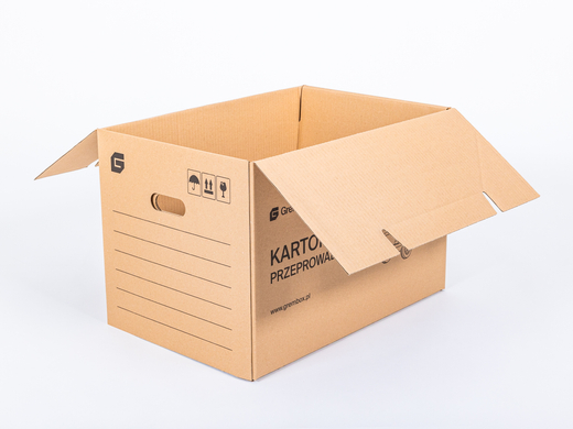 Karton do przeprowadzki GREMBOX z uchwytami 570x380x390mm 3W C 530g/m2 Szary z nadrukiem Paleta 240 szt.