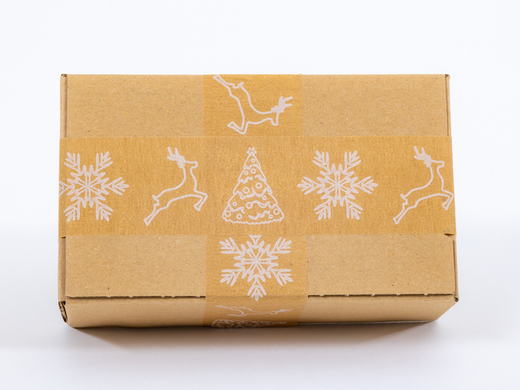 Taśma świąteczna papierowa KRAFT brązowa z białym nadrukiem renifery i choinki 50mm/50m 1 szt.