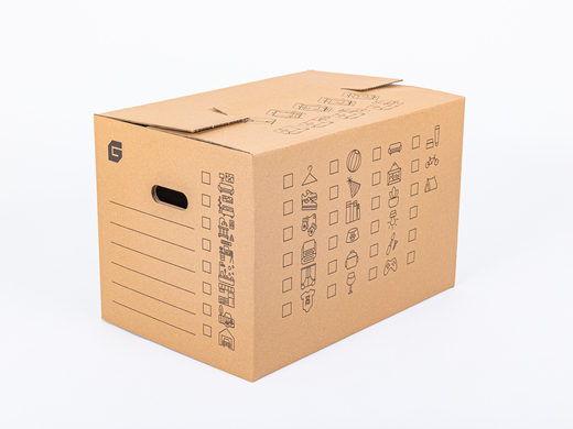 Karton do przeprowadzki GREMBOX z uchwytami 570x380x390mm 3W C 530g/m2 Szary z nadrukiem Paczka 20 szt.