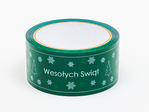 Taśma hot-melt świąteczna zielona w białe choinki i gwiazdki 48mm/50m Komplet 36 szt.