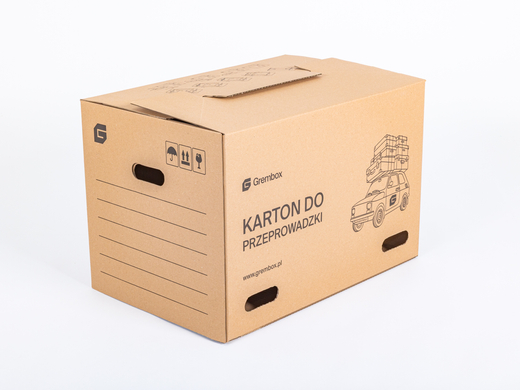 Karton do przeprowadzki GREMBOX z uchwytami 570x380x390mm 3W C 530g/m2 Szary z nadrukiem Paleta 240 szt.