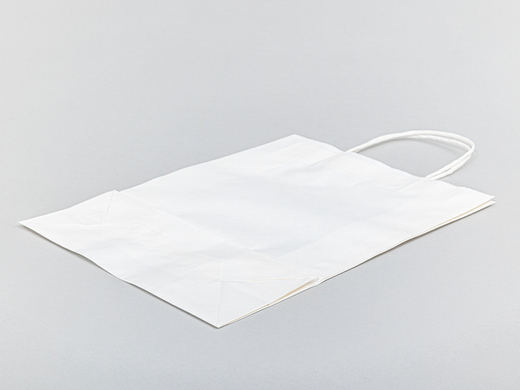 Świąteczna torebka papierowa z nadrukiem Wesołych świąt w zielone choinki z uchwytem skręcanym 240x100x320mm Biała Komplet 10 szt.