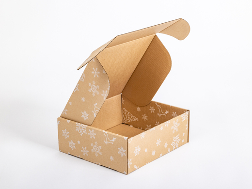 Karton fasonowy świąteczny szary w białe śnieżynki i renifery 305x270x110mm 3W B 460g/m2 Paczka 90 szt.