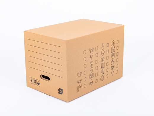 Karton do przeprowadzki GREMBOX z uchwytami 570x380x390mm 3W C 530g/m2 Szary z nadrukiem FSC Mix Zestaw palet 720 szt.