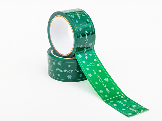 Taśma hot-melt świąteczna zielona w białe choinki i gwiazdki 48mm/50m  Komplet 6 szt.