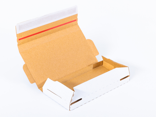 Karton fasonowy z paskiem klejowym i tasiemką zrywającą 200x100x20mm 3W E 350g/m2 Biały Zestaw palet 19320 szt.