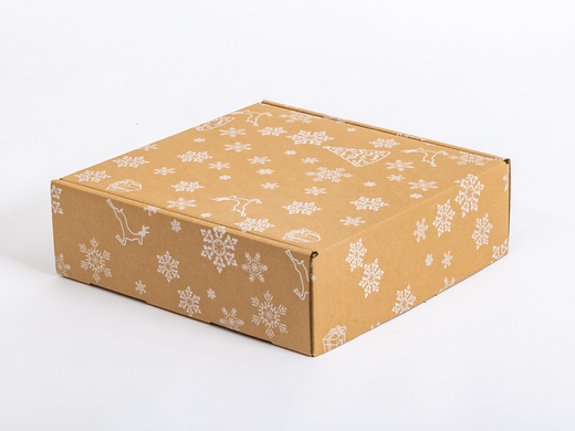 Karton fasonowy świąteczny szary w białe śnieżynki i renifery 320x320x100mm 3W B 460g/m2 Komplet 10 szt.