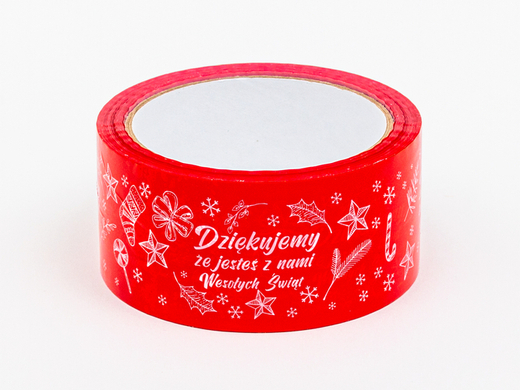 Taśma hot-melt świąteczna czerwona w białe ozdoby z podziękowaniem 48mm/50m Komplet 36 szt.