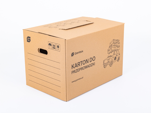 Karton do przeprowadzki GREMBOX z uchwytami 570x380x390mm 3W C 530g/m2 Szary z nadrukiem Zestaw palet 720 szt.