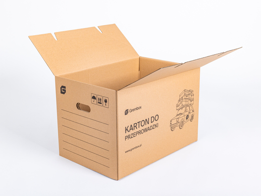 Karton do przeprowadzki GREMBOX z uchwytami 570x380x390mm 3W C 530g/m2 Szary z nadrukiem Zestaw palet 720 szt.