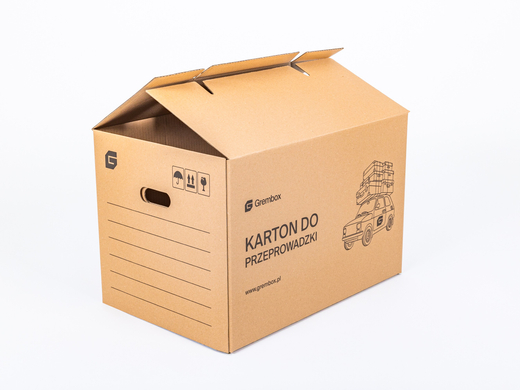 Karton do przeprowadzki GREMBOX z uchwytami 570x380x390mm 3W C 530g/m2 Szary z nadrukiem Zestaw palet 720 szt.